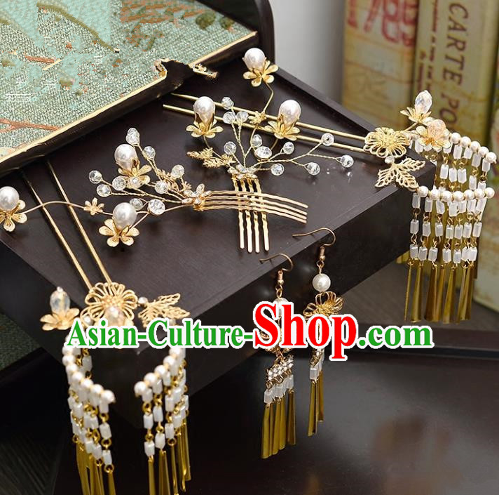 Traditional Handmade Chinese Ancient Wedding Hair Accessories Xiuhe Suit Pearls Tassel Phoenix Coronet Complete Set, Bride Hanfu Hair Sticks Hair Jewellery for Women