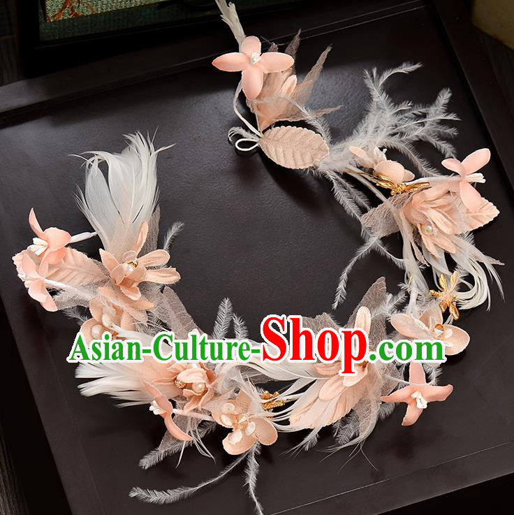 Top Grade Handmade Chinese Classical Hair Accessories Baroque Style Wedding Pink Feather Hair Clasp Headband Bride Headwear for Women