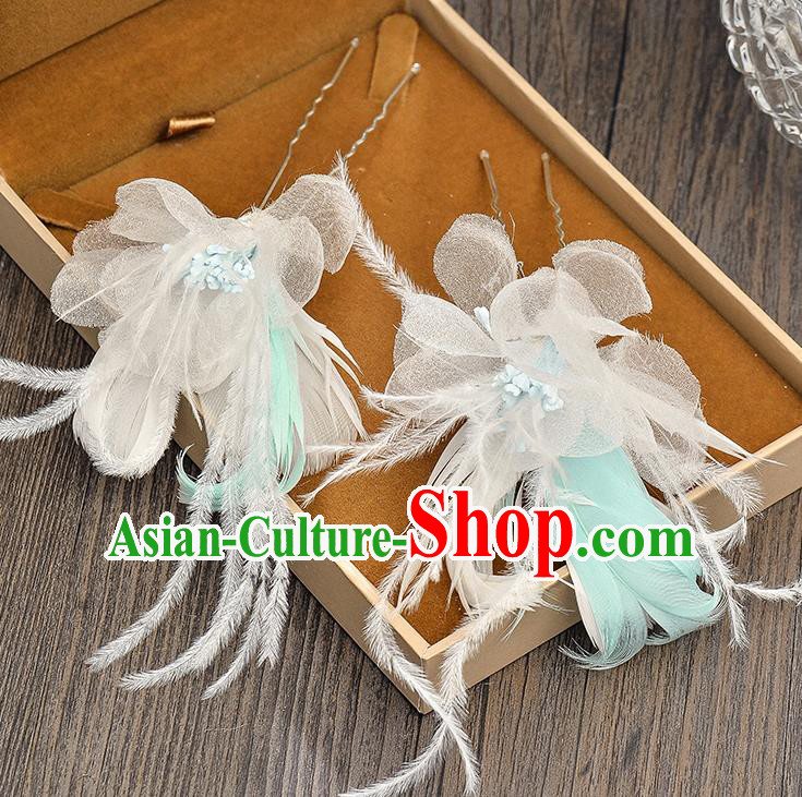 Top Grade Handmade Chinese Classical Hair Accessories Baroque Style Wedding Blue Feather Hairpins Hair Claw Headband Bride Headwear for Women