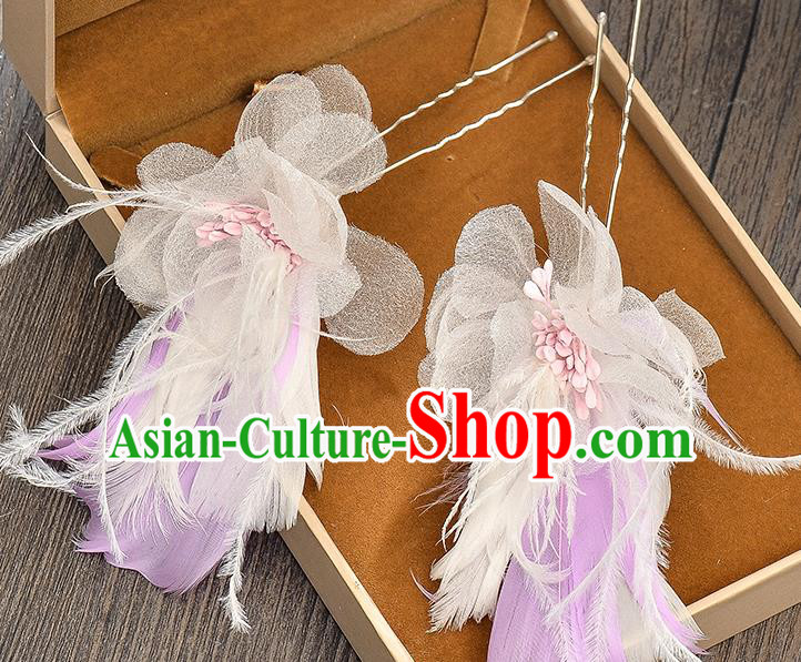 Top Grade Handmade Chinese Classical Hair Accessories Baroque Style Wedding Purple Feather Hairpins Hair Claw Headband Bride Headwear for Women