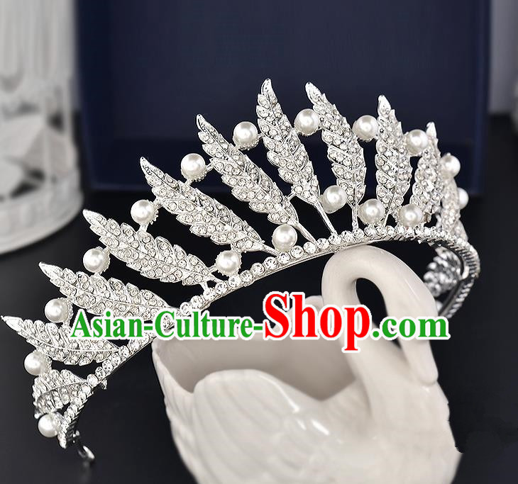 Top Grade Handmade Hair Accessories Baroque Style Wedding Crystal Leaf White Pearls Royal Crown, Bride Princess Hair Kether Jewellery Hair Clasp for Women