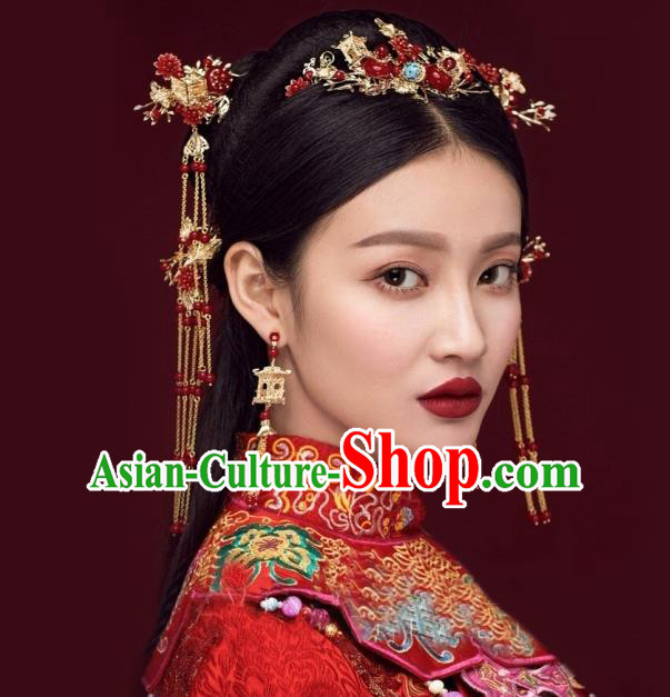 Traditional Handmade Chinese Ancient Wedding Hair Accessories Xiuhe Suit Tassel Step Shake Red Frontlet Complete Set, Bride Hanfu Hair Sticks Hair Jewellery for Women