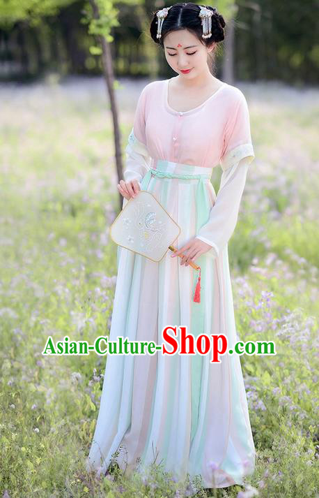 Traditional Ancient Chinese Costume Tang Dynasty Palace Lady Embroidery Slip Skirt Half-Sleeves, Elegant Hanfu Clothing Chinese Princess Costume for Women