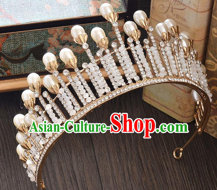 Top Grade Handmade Hair Accessories Baroque Style Wedding Crystal Golden Pearls Royal Crown, Bride Princess Hair Kether Jewellery Imperial Crown for Women