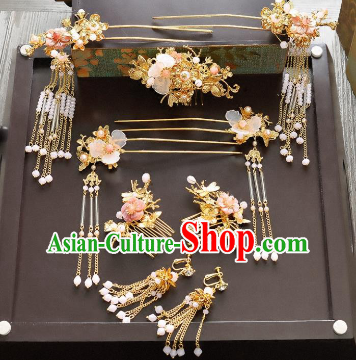 Traditional Handmade Chinese Ancient Wedding Hair Accessories Xiuhe Suit Beads Phoenix Coronet Complete Set, Bride Tassel Step Shake Hanfu Hairpins Hair Sticks Hair Jewellery for Women