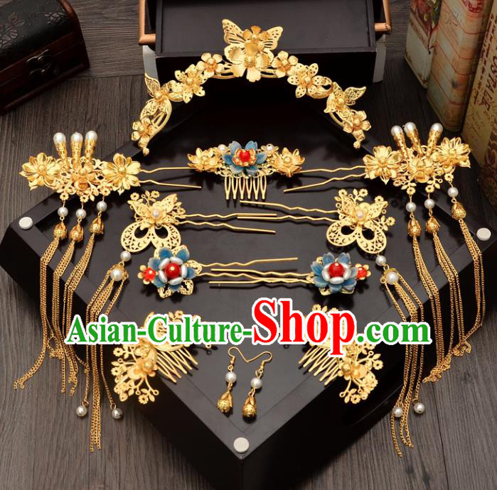 Traditional Handmade Chinese Ancient Wedding Hair Accessories Xiuhe Suit Pearls Phoenix Coronet Complete Set, Bride Tassel Step Shake Hanfu Hairpins Hair Sticks Hair Jewellery for Women