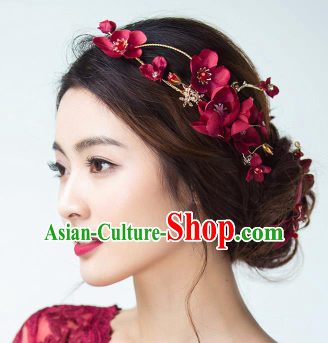 Top Grade Handmade Chinese Classical Hair Accessories Princess Wedding Red Flowers Hair Clasp Headband Bride Headwear for Women