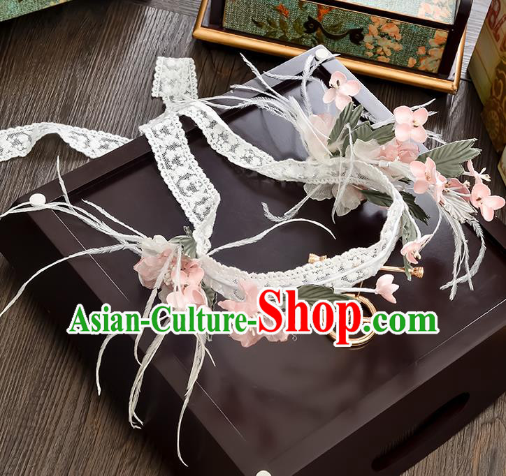 Top Grade Handmade Chinese Classical Hair Accessories Princess Wedding Pink Flower Lace Hair Clasp Hair Stick Headband Bride Headwear for Women