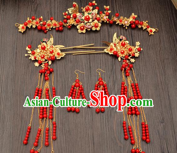 Traditional Handmade Chinese Ancient Wedding Hair Accessories Xiuhe Suit Red Beads Phoenix Coronet Complete Set, Bride Tassel Step Shake Hanfu Hairpins Hair Sticks Hair Jewellery for Women