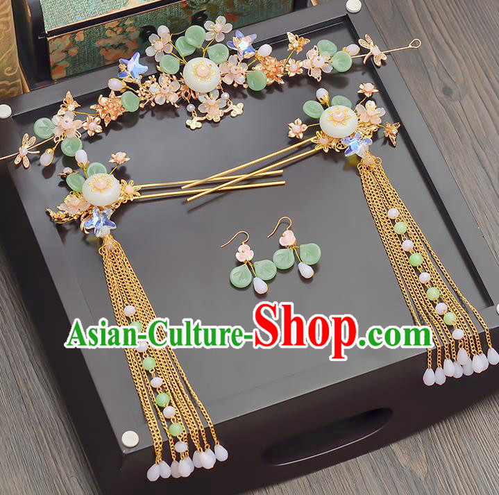 Traditional Handmade Chinese Ancient Wedding Hair Accessories Xiuhe Suit Jade Phoenix Coronet Complete Set, Bride Tassel Step Shake Hanfu Hairpins Hair Sticks Hair Jewellery for Women