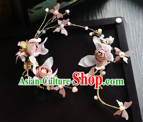 Top Grade Handmade Chinese Classical Hair Accessories Princess Wedding Pink Flower Hair Clasp Hair Stick Headband Bride Headwear for Women