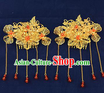 Traditional Handmade Chinese Ancient Wedding Hair Accessories Xiuhe Suit Tassel Hairpins Golden Hair Stick, Bride Step Shake Hanfu Hair Fascinators for Women