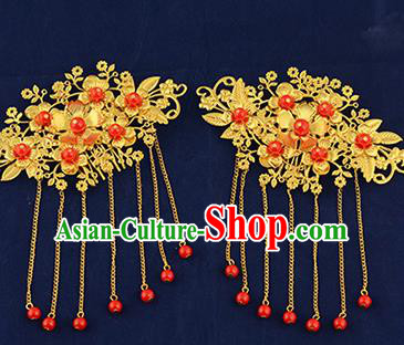 Traditional Handmade Chinese Ancient Wedding Hair Accessories Xiuhe Suit Tassel Hairpins Golden Hair Stick, Bride Step Shake Hanfu Hair Fascinators for Women