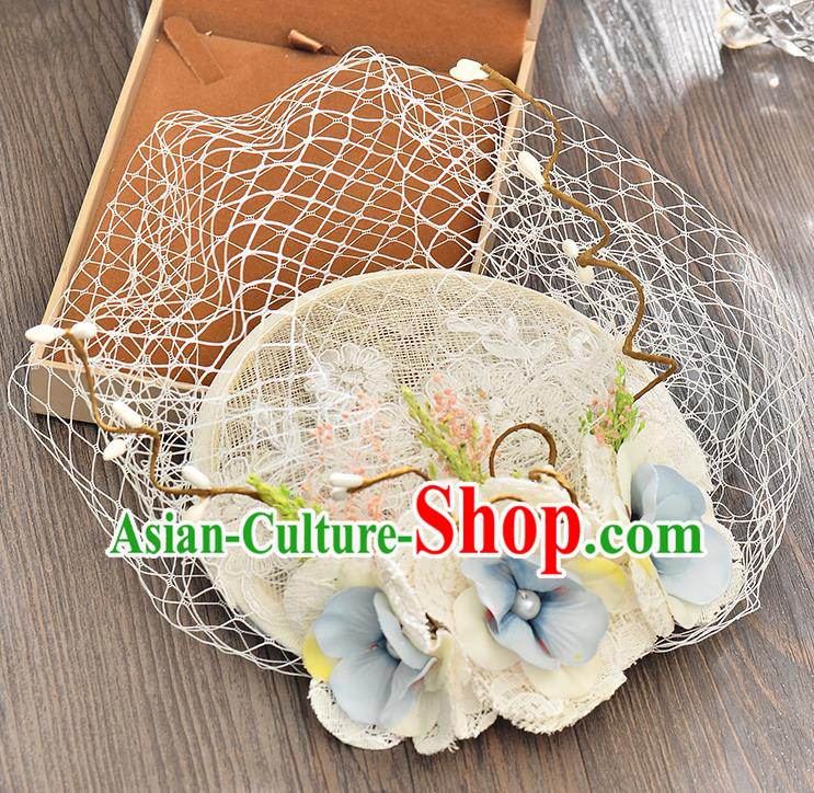 Top Grade Handmade Chinese Classical Hair Accessories Princess Wedding Blue Flower Veil Hat Top Hat Bride Headwear for Women