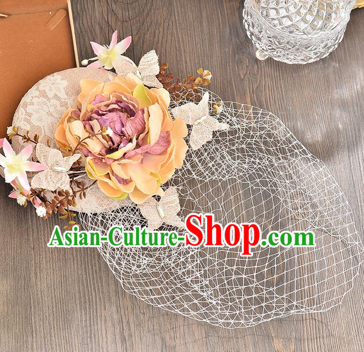 Top Grade Handmade Chinese Classical Hair Accessories Princess Wedding Pink Flower Veil Hat Top Hat Bride Headwear for Women