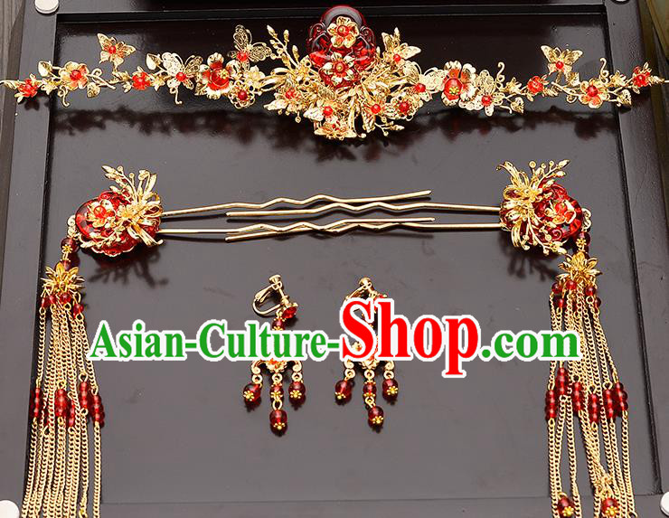 Traditional Handmade Chinese Ancient Wedding Hair Accessories Xiuhe Suit Red Flower Phoenix Coronet Complete Set, Bride Tassel Step Shake Hanfu Hair Fascinators for Women