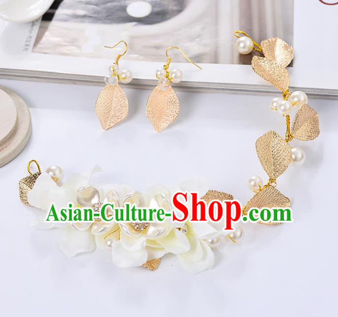 Top Grade Handmade Chinese Classical Jewelry Accessories Queen Wedding Golden Leaf Necklace and Earrings Bride Eardrop for Women