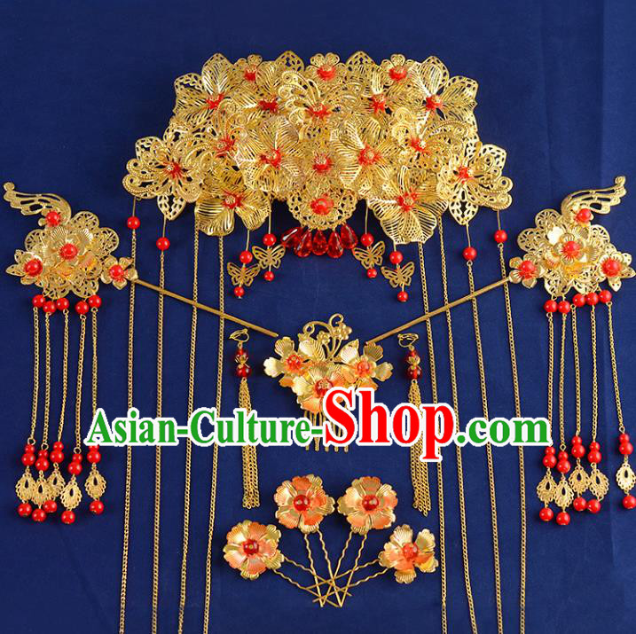 Traditional Handmade Chinese Ancient Wedding Hair Accessories Xiuhe Suit Phoenix Coronet Hairpins Complete Set, Bride Step Shake Hanfu Hair Fascinators for Women