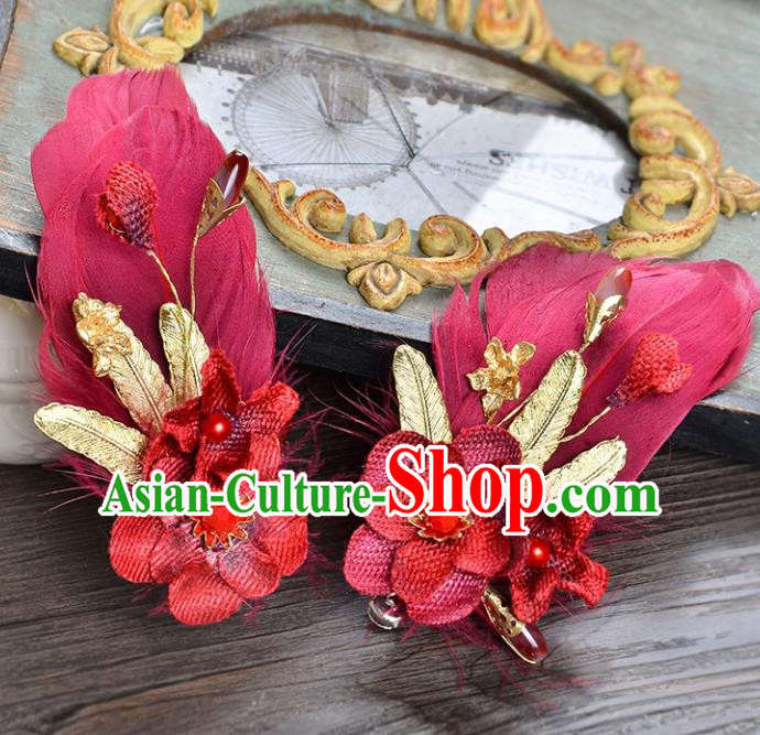 Top Grade Handmade Chinese Classical Hair Accessories Princess Wedding Red Feather Flower Hair Claw Hair Stick Bride Headwear for Women