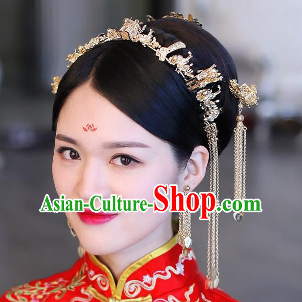 Traditional Handmade Chinese Ancient Wedding Hair Accessories Xiuhe Suit Phoenix Coronet Complete Set, Bride Tassel Step Shake Hanfu Hair Fascinators for Women