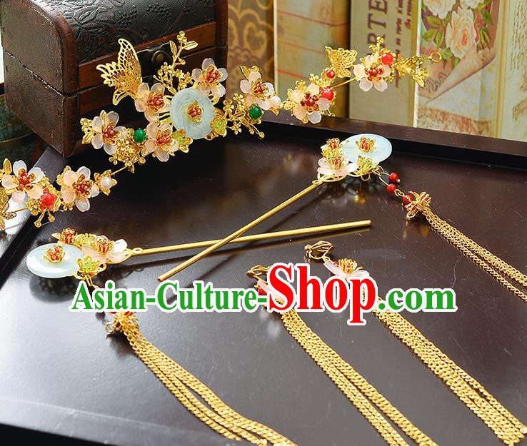 Traditional Handmade Chinese Ancient Wedding Hair Accessories Xiuhe Suit Butterfly Phoenix Coronet Complete Set, Bride Tassel Jade Step Shake Hanfu Hair Fascinators for Women