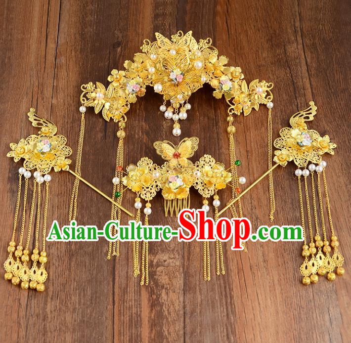 Traditional Handmade Chinese Ancient Wedding Hair Accessories Xiuhe Suit Pearls Phoenix Coronet Complete Set, Bride Tassel Step Shake Hanfu Hair Fascinators for Women