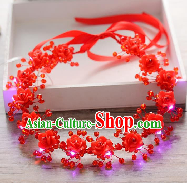 Top Grade Handmade Chinese Classical Hair Accessories Princess Wedding Polymer Clay Red Flowers Shiny Hair Clasp Headband Bride Headwear for Women