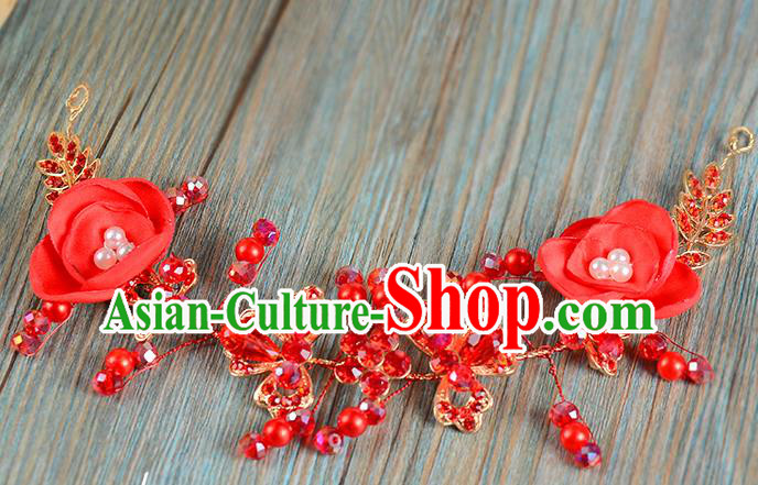 Top Grade Handmade Chinese Classical Hair Accessories Princess Wedding Red Flowers Hair Clasp Headband Bride Headwear for Women