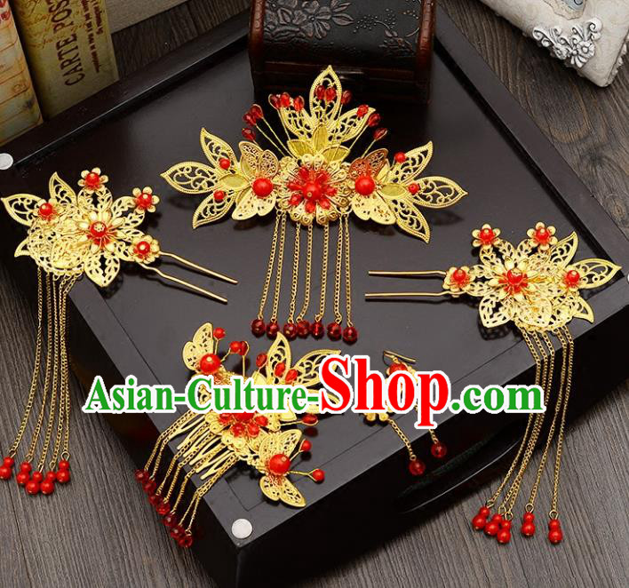 Traditional Handmade Chinese Ancient Wedding Hair Accessories Xiuhe Suit Butterfly Hair Comb Complete Set, Bride Tassel Step Shake Hanfu Hair Fascinators for Women