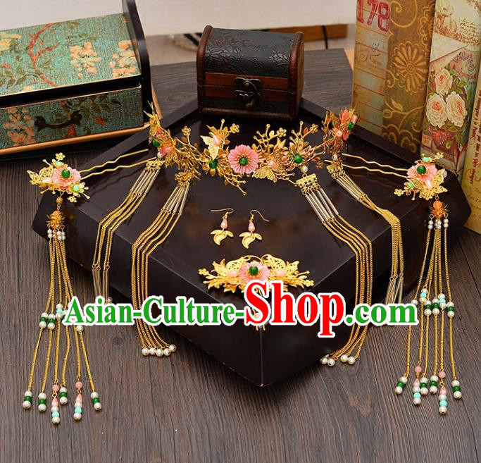 Traditional Handmade Chinese Ancient Wedding Hair Accessories Xiuhe Suit Pink Flowers Forehead Ornament Complete Set, Bride Tassel Step Shake Hanfu Hair Fascinators for Women