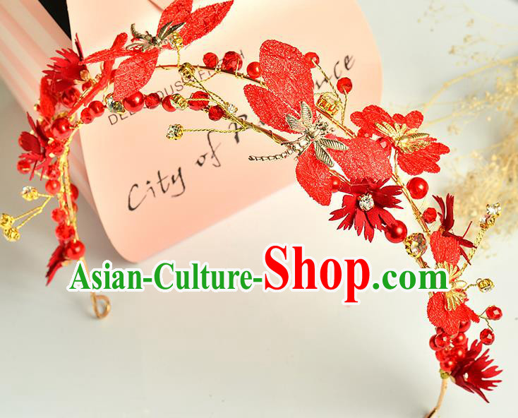 Top Grade Handmade Chinese Classical Hair Accessories Princess Wedding Red Flowers Dragonfly Hair Clasp Headband Bride Headwear for Women