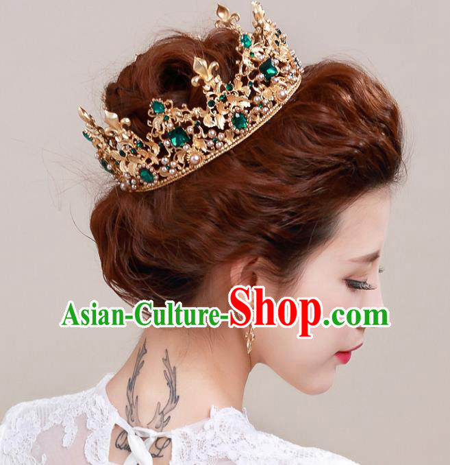 Top Grade Handmade Hair Accessories Baroque Style Palace Princess Wedding Green Crystal Vintage Golden Royal Crown, Bride Hair Kether Jewellery Imperial Crown for Women