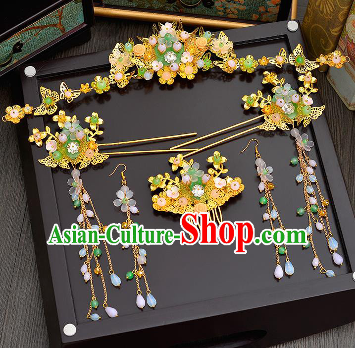 Traditional Handmade Chinese Ancient Wedding Hair Accessories Xiuhe Suit Green Jade Forehead Ornament Complete Set, Bride Tassel Step Shake Hanfu Hair Fascinators for Women