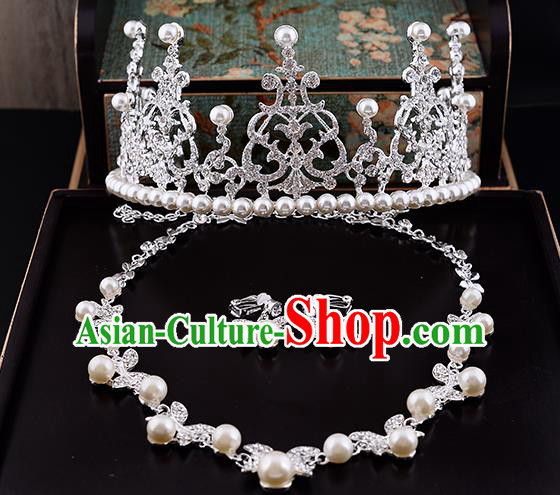 Top Grade Handmade Chinese Classical Jewelry Accessories Queen Wedding Crystal Pearls Royal Crown Necklace and Earrings Bride Headgear for Women
