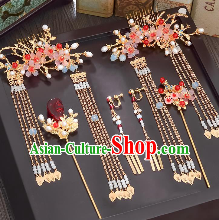 Traditional Handmade Chinese Ancient Wedding Hair Accessories Xiuhe Suit Phoenix Coronet Complete Set, Bride Tassel Step Shake Hanfu Hairpins Hair Sticks Hair Jewellery for Women