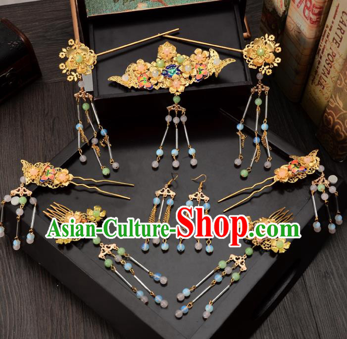 Traditional Handmade Chinese Ancient Wedding Hair Accessories Xiuhe Suit Beads Hairpins Complete Set, Bride Tassel Step Shake Hanfu Hair Sticks Hair Comb for Women