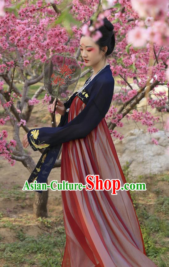 Traditional Ancient Chinese Costume Tang Dynasty Imperial Concubine Embroidery Butterfly Blouse and Slip Skirt, Elegant Hanfu Clothing Chinese Imperial Consort Costume for Women