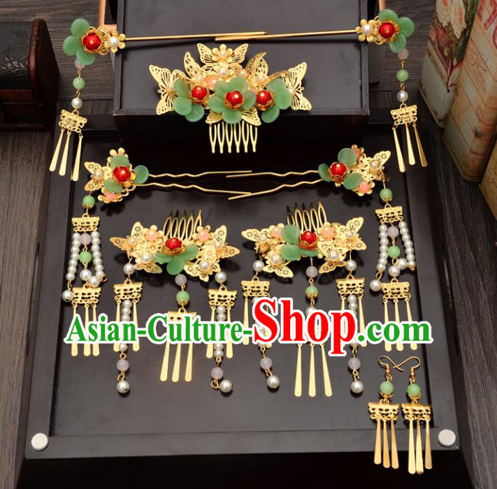 Traditional Handmade Chinese Ancient Wedding Hair Accessories Xiuhe Suit Green Flower Hairpins Complete Set, Bride Beads Tassel Step Shake Hanfu Hair Sticks Hair Comb for Women
