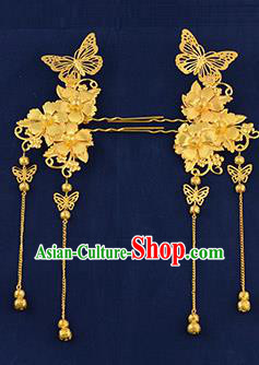 Traditional Handmade Chinese Ancient Wedding Hair Accessories Xiuhe Suit Golden Butterfly Tassel Hairpins, Bride Step Shake Hanfu Hair Sticks Hair Fascinators for Women