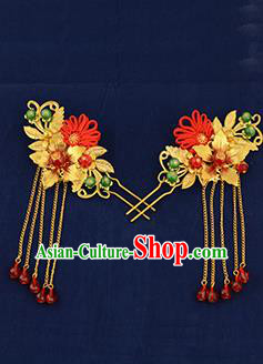 Traditional Handmade Chinese Ancient Wedding Hair Accessories Xiuhe Suit Golden Tassel Hairpins, Bride Step Shake Hanfu Hair Sticks Hair Fascinators for Women