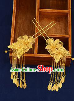 Traditional Handmade Chinese Ancient Wedding Hair Accessories Xiuhe Suit Ancient Costume Golden Tassel Hairpins, Bride Step Shake Hanfu Hair Sticks Hair Fascinators for Women