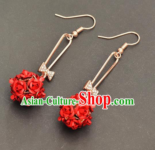 Top Grade Handmade Chinese Classical Jewelry Accessories Xiuhe Suit Wedding Red Rose Flower Tassel Earrings Bride Hanfu Eardrop for Women