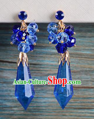 Top Grade Handmade Chinese Classical Jewelry Accessories Wedding Blue Crystal Tassel Earrings Bride Hanfu Eardrop for Women