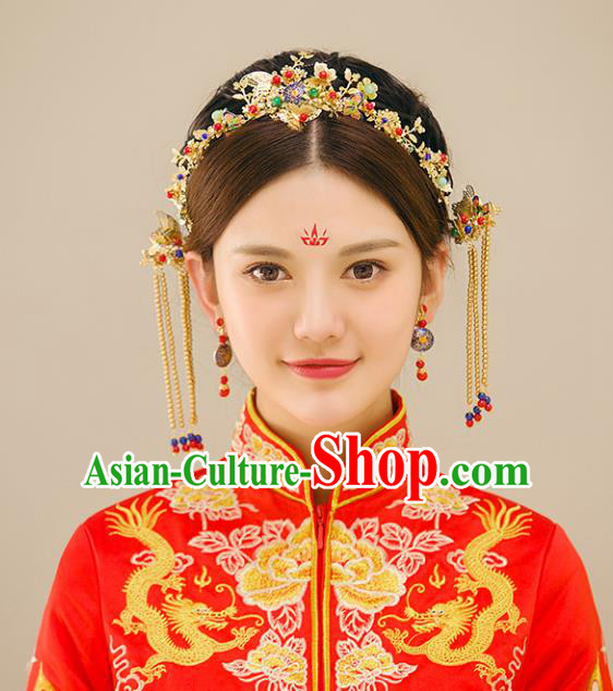 Traditional Handmade Chinese Ancient Wedding Hair Accessories Xiuhe Suit Butterfly Hair Clasp Complete Set, Bride Palace Lady Step Shake Hanfu Hairpins for Women