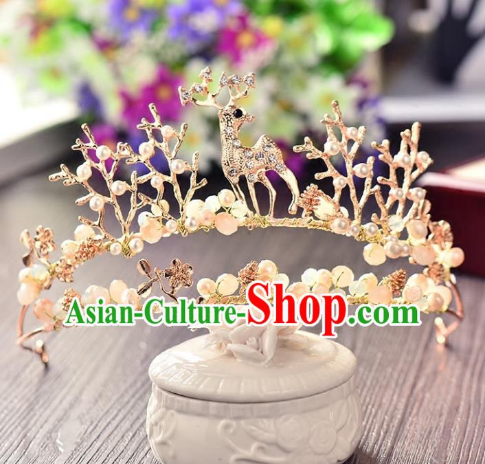 Top Grade Handmade Chinese Classical Hair Accessories Princess Wedding Baroque Golden Deer Hair Clasp Headband Bride Headwear for Women