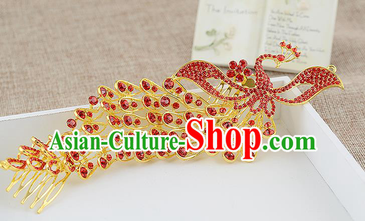 Top Grade Handmade Hair Accessories Baroque Luxury Red Crystal Phoenix Hair Stick, Bride Wedding Hair Kether Jewellery Princess Imperial Crown for Women