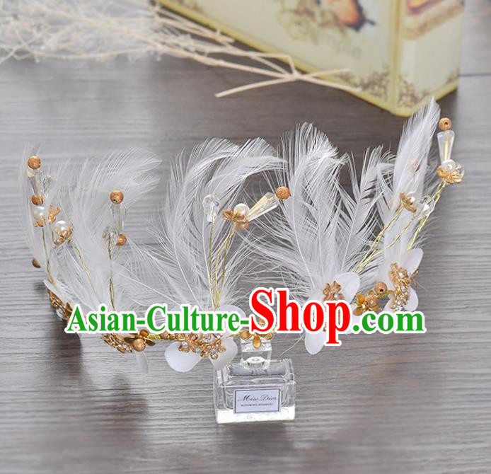 Top Grade Handmade Chinese Classical Hair Accessories Princess Wedding Baroque White Feather Hair Clasp Bride Headband Royal Crown for Women