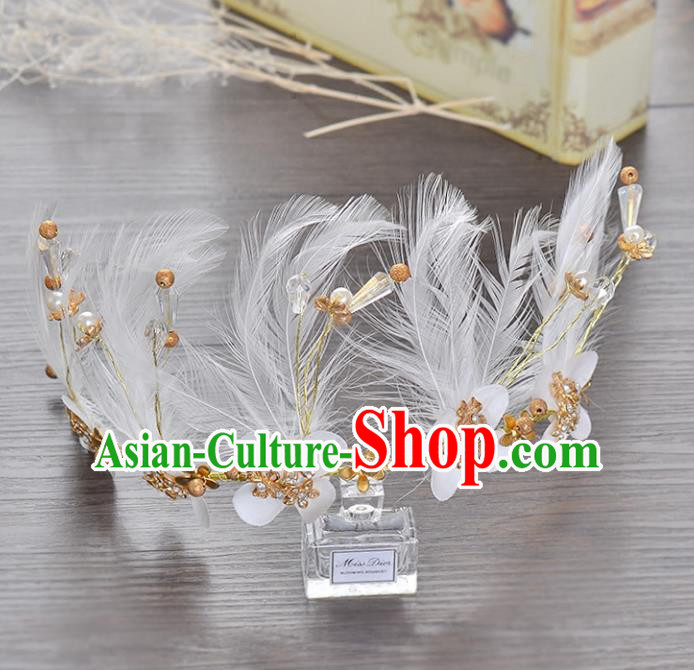 Top Grade Handmade Chinese Classical Hair Accessories Princess Wedding Baroque White Feather Hair Clasp Bride Headband Royal Crown for Women