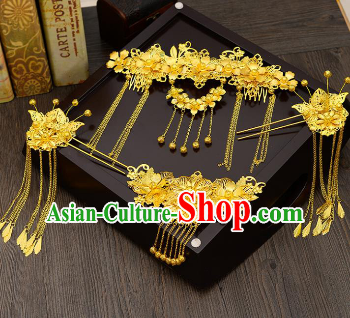 Traditional Handmade Chinese Ancient Costume Wedding Xiuhe Suit Hair Accessories Complete Set Golden Phoenix Coronet, Bride Palace Lady Green Tassel Step Shake Hanfu Hairpins for Women