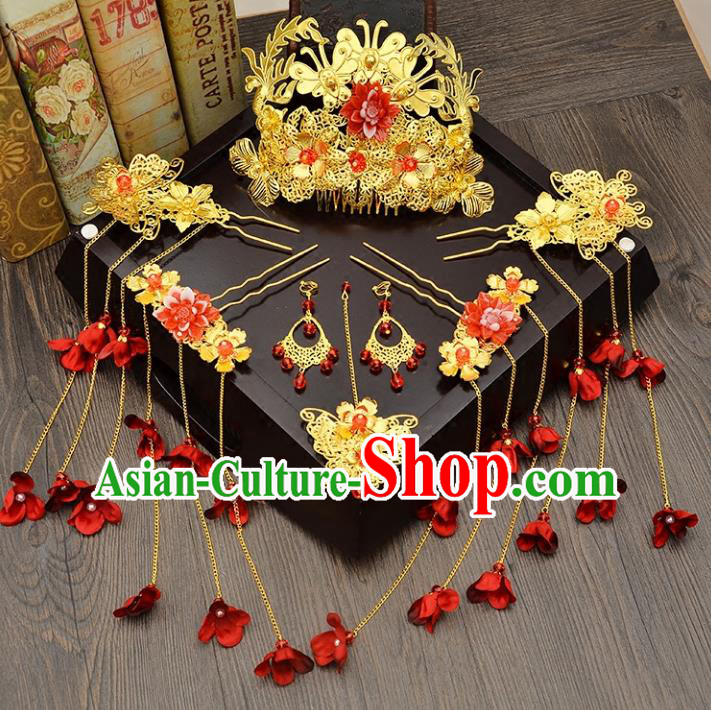 Traditional Handmade Chinese Ancient Costume Wedding Xiuhe Suit Hair Accessories Complete Set Phoenix Coronet, Bride Palace Lady Red Flower Tassel Step Shake Hanfu Hairpins for Women